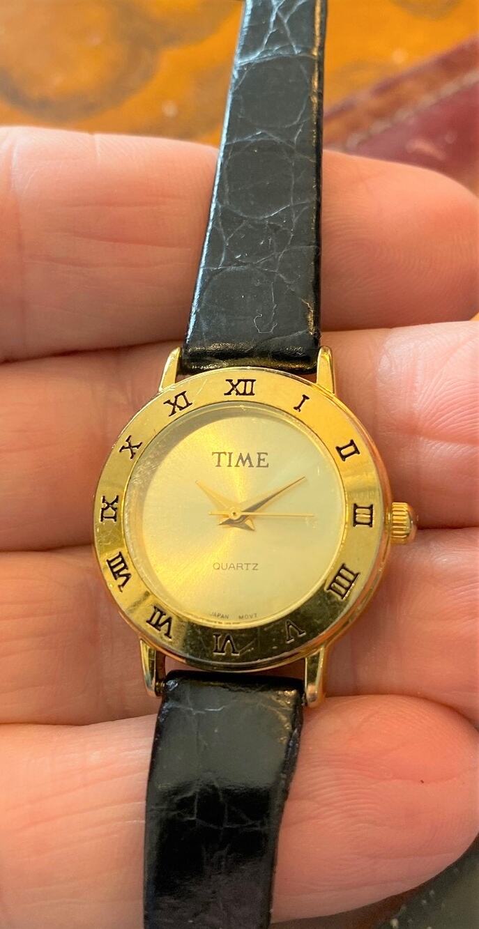 Women's 25mm Time Magazine Watch, Gold Tone with Black Band, New Battery